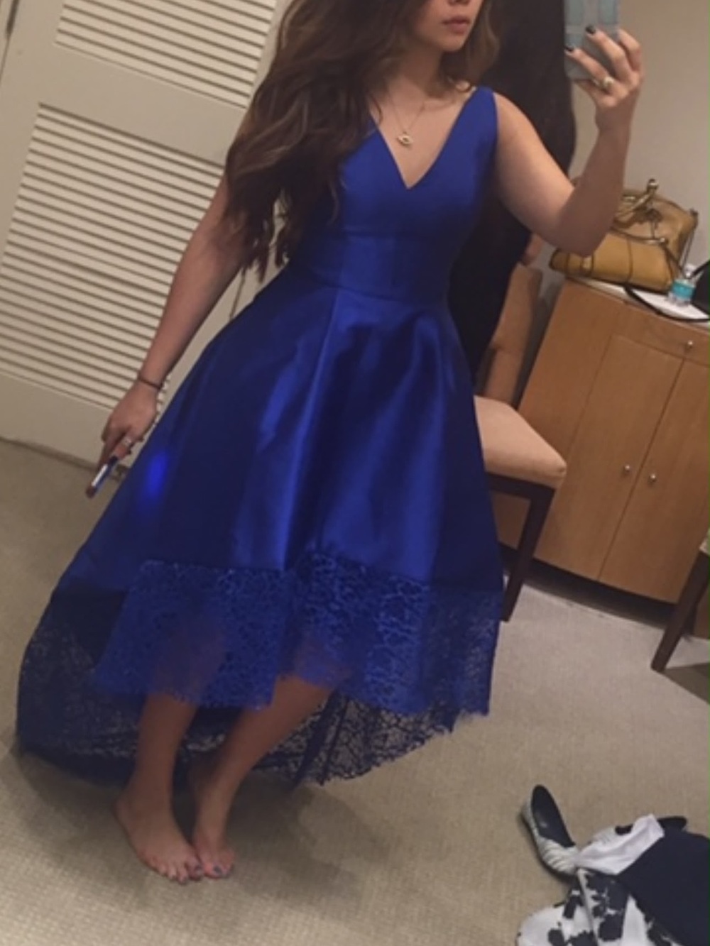 Monique Lhuillier Cobalt Blue V-Neck High-Low Dress